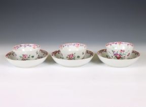 China, a set of three famille rose porcelain cups and saucers, late 18th century,