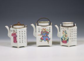China, three famille rose porcelain 'Wu Shuang Pu' canted teapots and covers, 19th century,