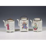 China, three famille rose porcelain 'Wu Shuang Pu' canted teapots and covers, 19th century,