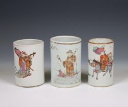 China, three famille rose porcelain brush pots, 19th/ 20th century,