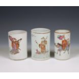 China, three famille rose porcelain brush pots, 19th/ 20th century,