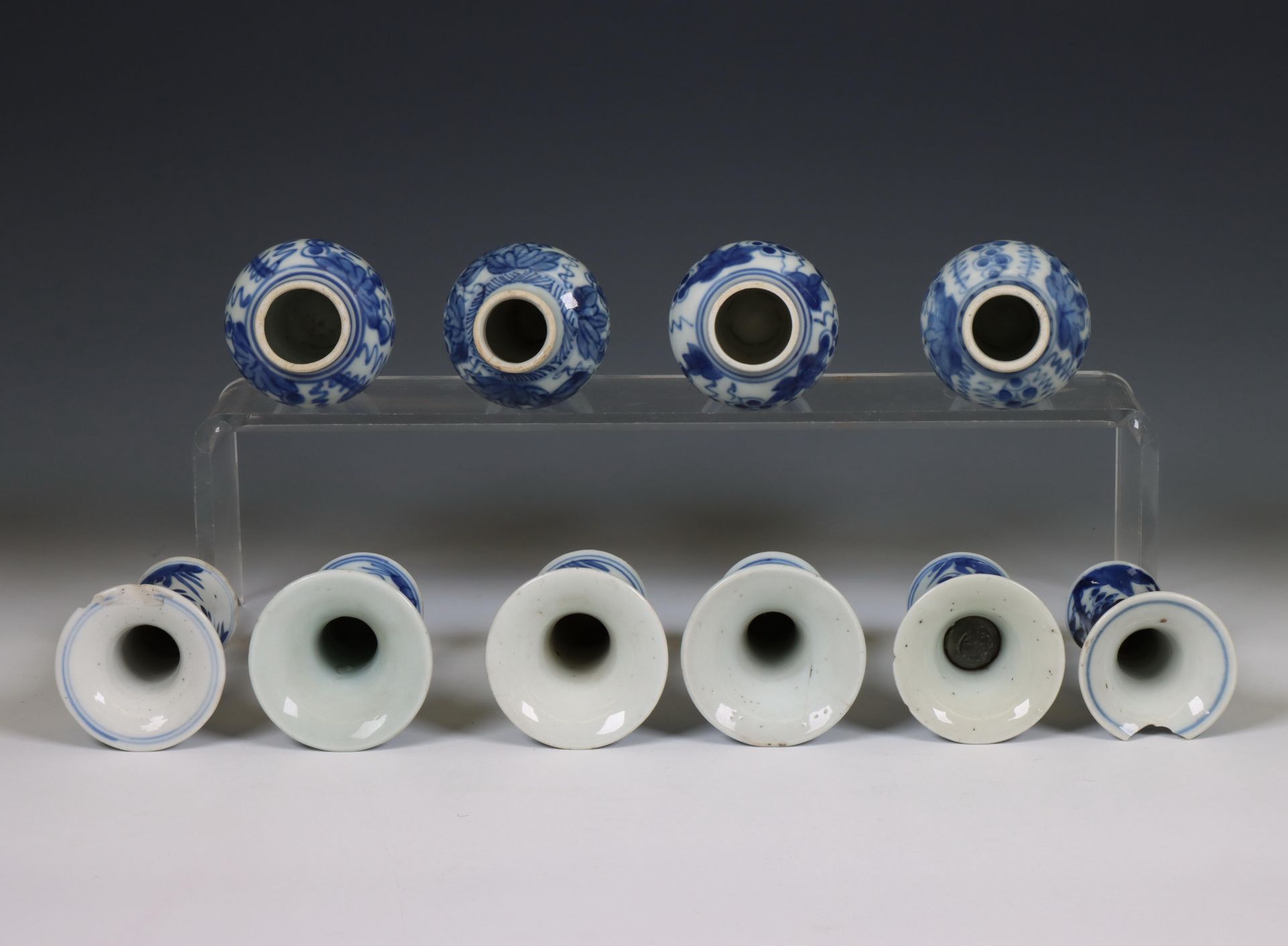 China, two blue and white porcelain miniature garnitures, 18th/ 19th century, - Image 2 of 4