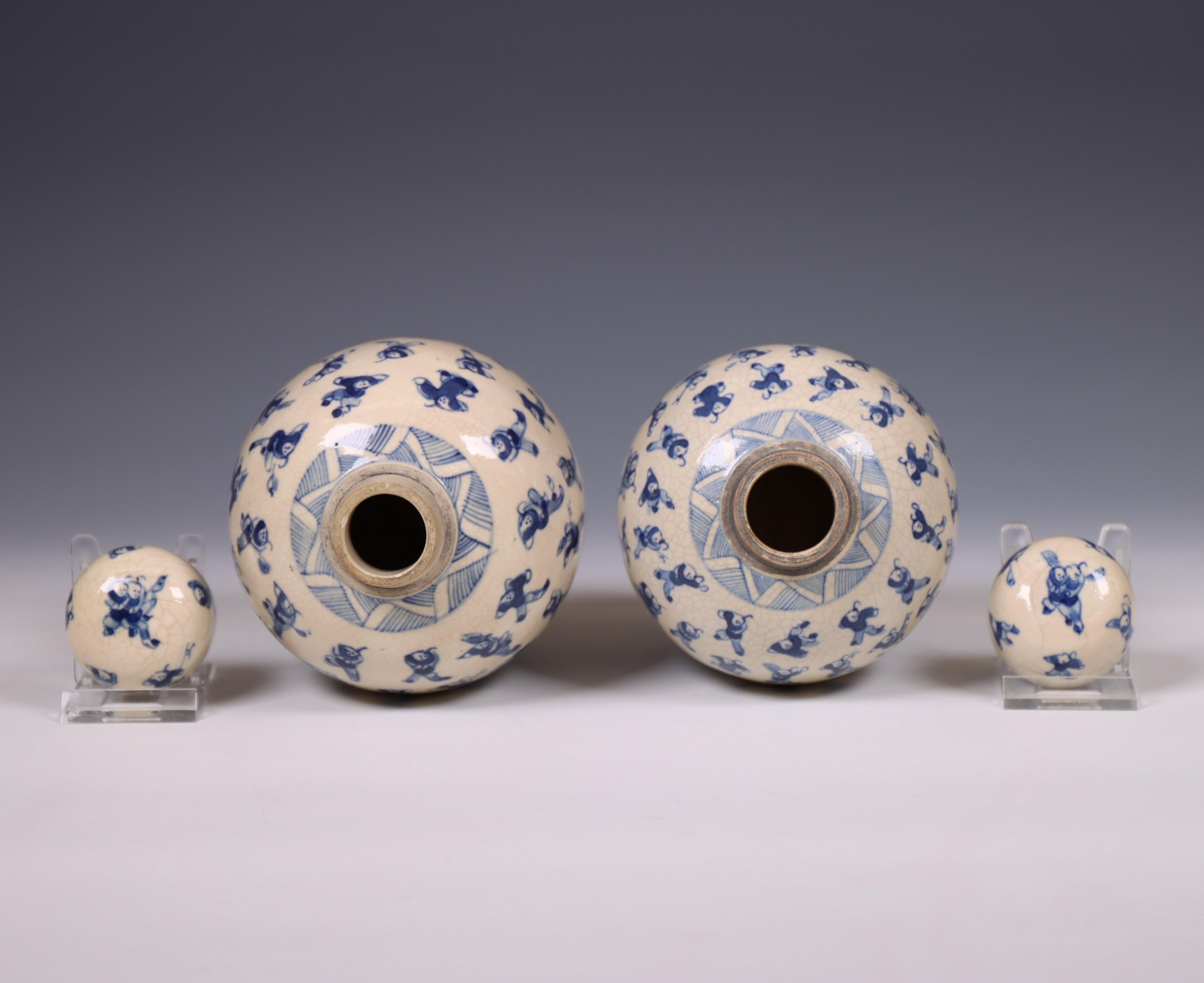 China, a pair of soft paste blue and white 'one hundred boys' jars and covers, 19th century, - Image 4 of 6