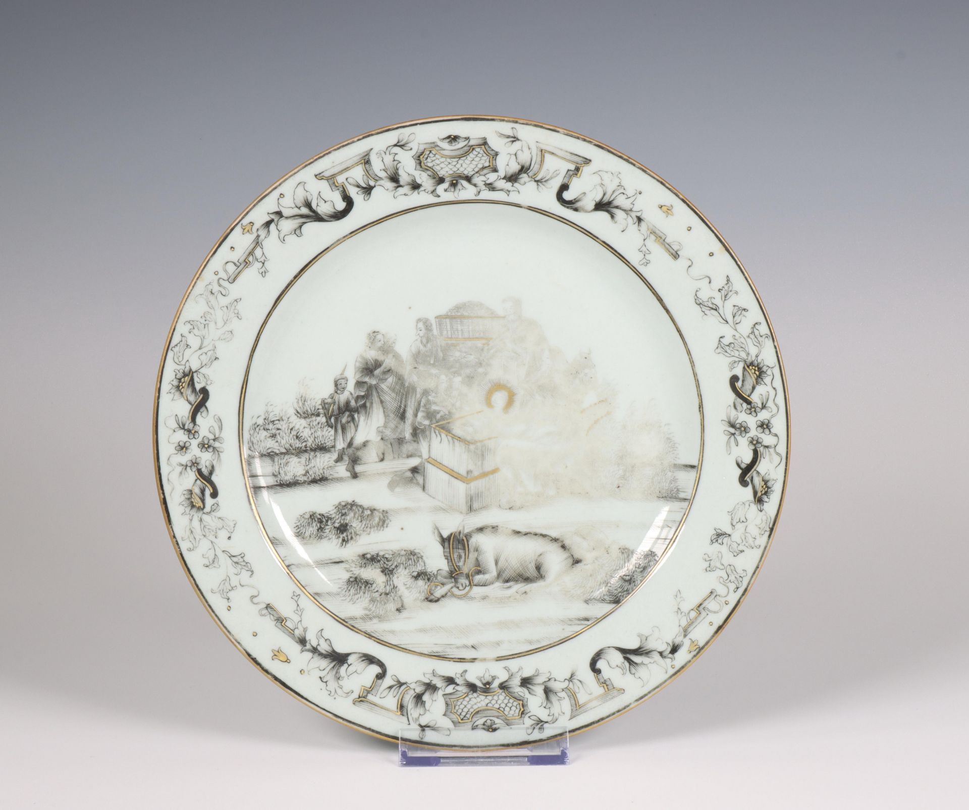 China, an export grisaille and gilt-decorated religious subject plate, ca. 1740,