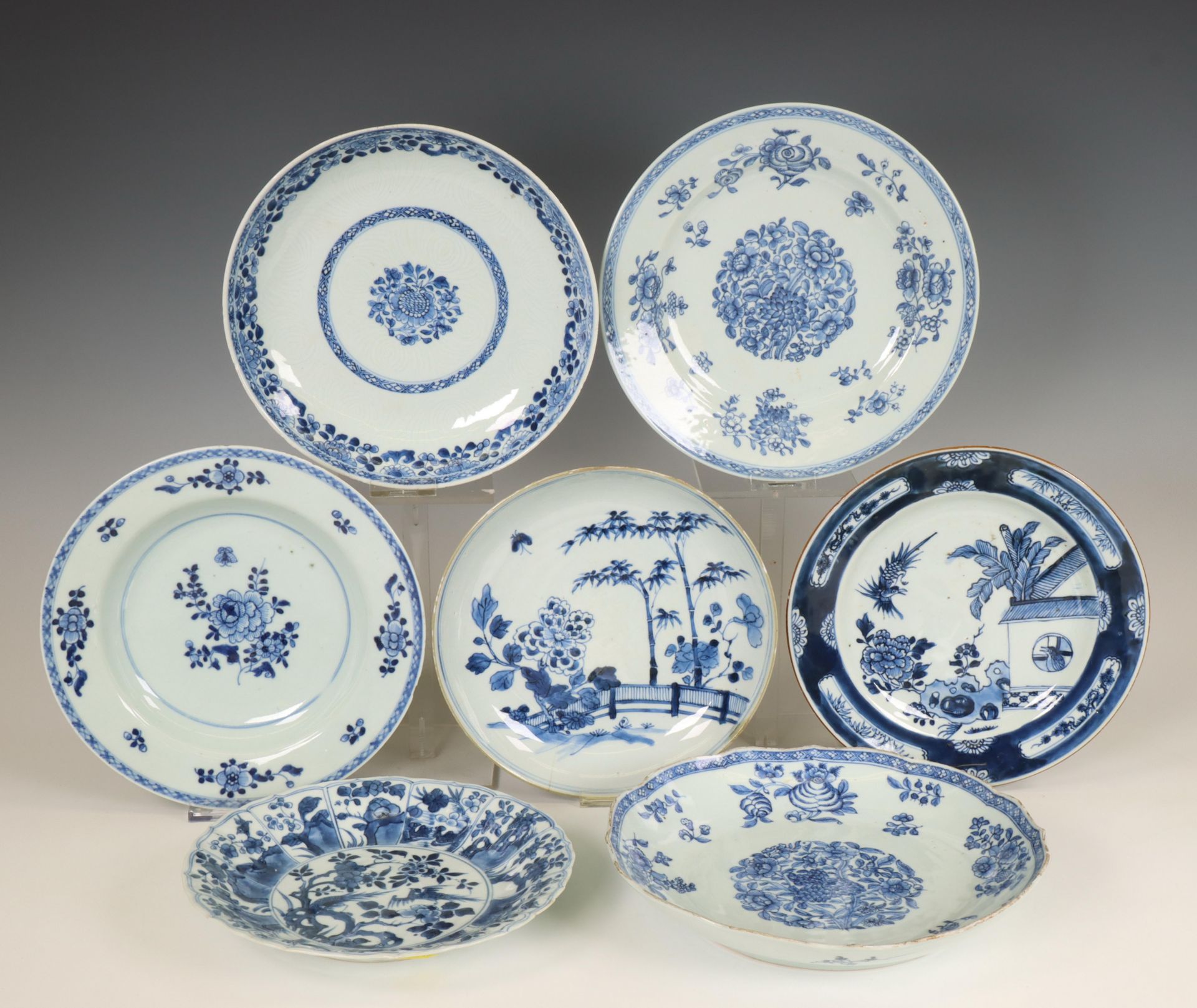 China, seven various blue and white porcelain plates, Qianlong period (1736-1795),