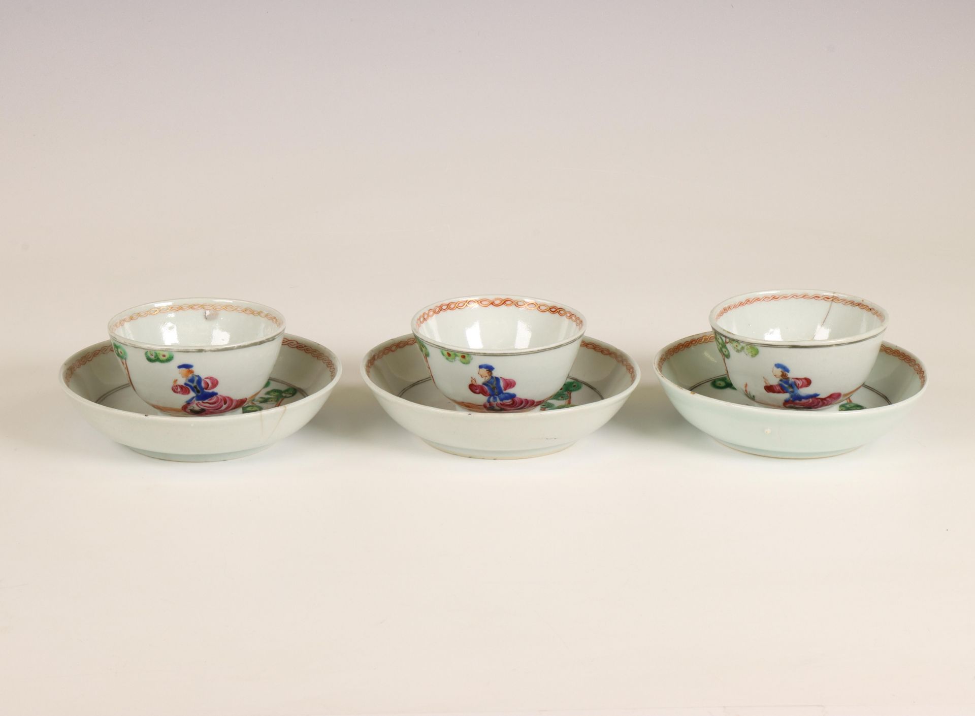 China, a set of three export porcelain 'Cherry Pickers' cups and saucers, 18th century, - Image 4 of 4
