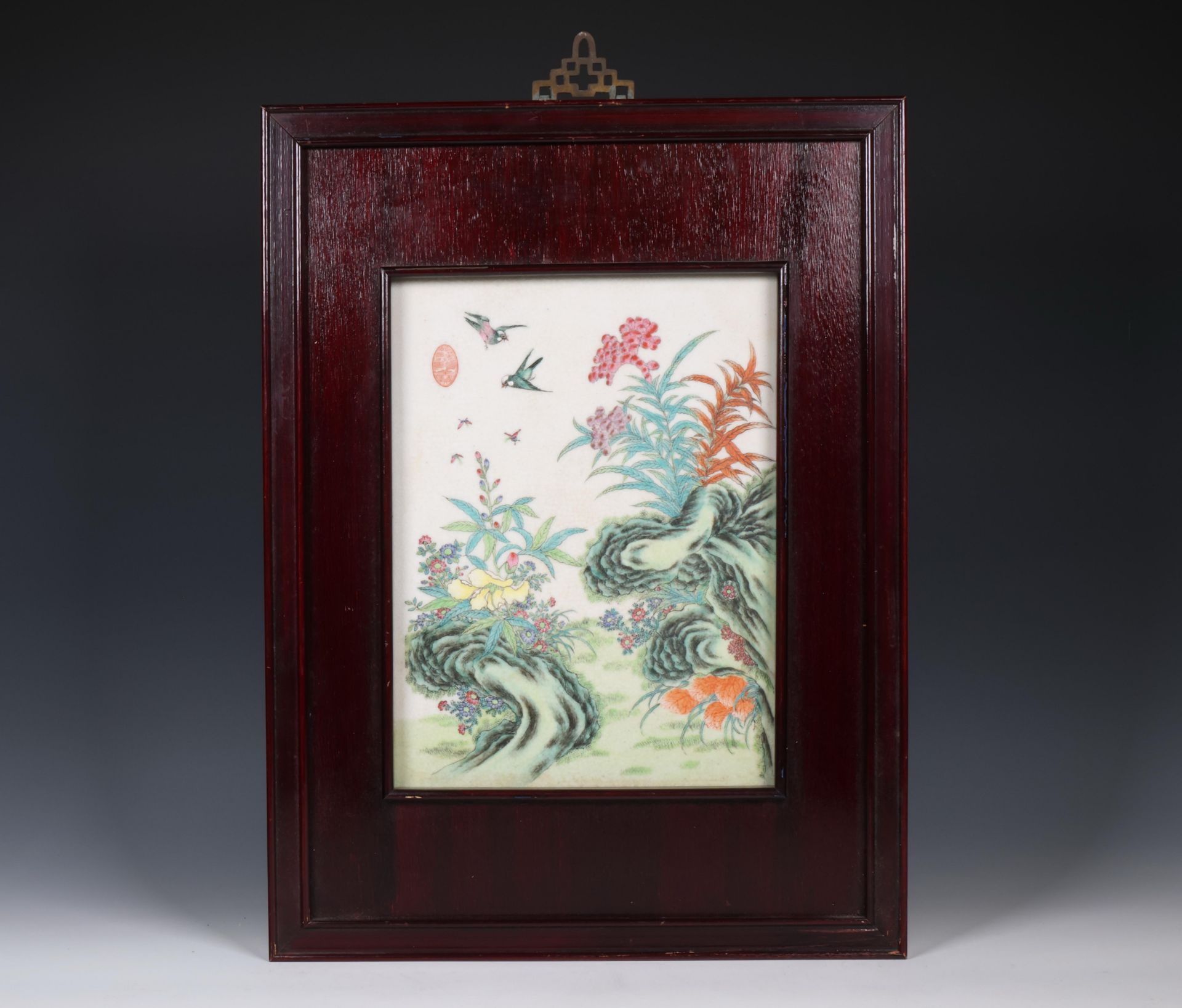 China, famille rose porcelain floral tile, 20th century,