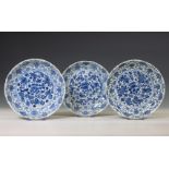 China, set of three blue and white porcelain 'lotus' dishes, Kangxi period (1662-1722),