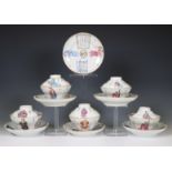 China, a collection of famille rose porcelain 'Wu Shuang Pu' ogee-form cups, covers and saucers, 19t