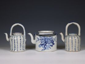 China, three blue and white porcelain teapots and covers, 19th-20th century,