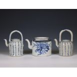 China, three blue and white porcelain teapots and covers, 19th-20th century,