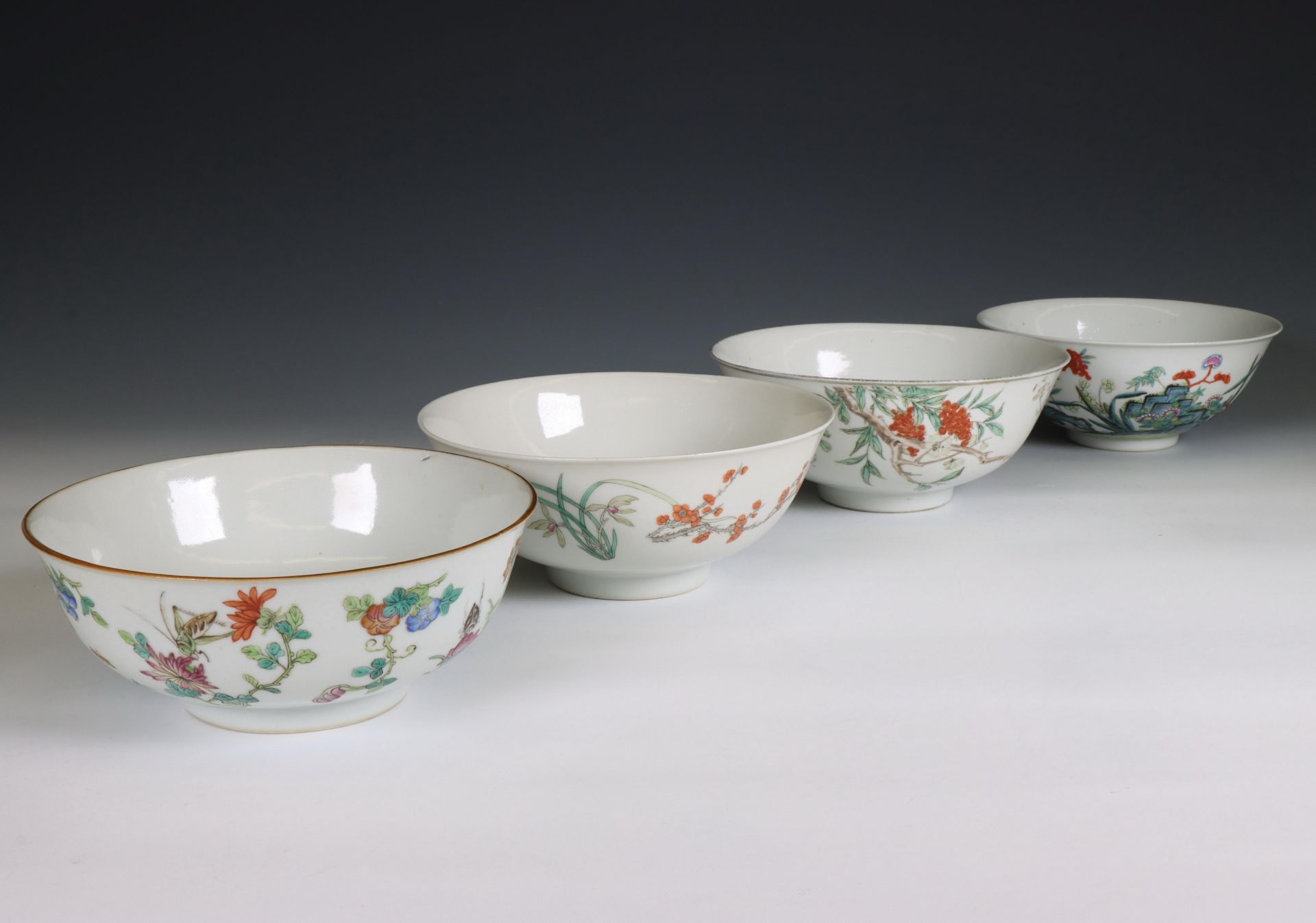 China, four famille rose porcelain bowls, 20th century,