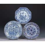 China, three various blue and white porcelain plates, Qianlong period (1736-1795)