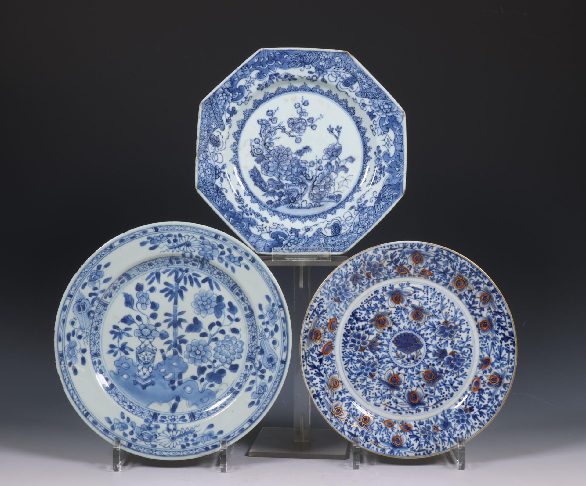 China, three various blue and white porcelain plates, Qianlong period (1736-1795)