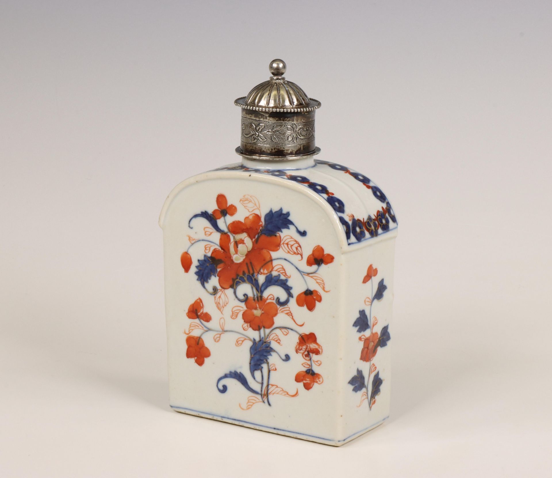 China, an Imari tea caddy with silver cover, 18th century, the silver later,