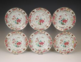 China, set of six famille rose porcelain deep plates, Qianlong period (1736-1795),