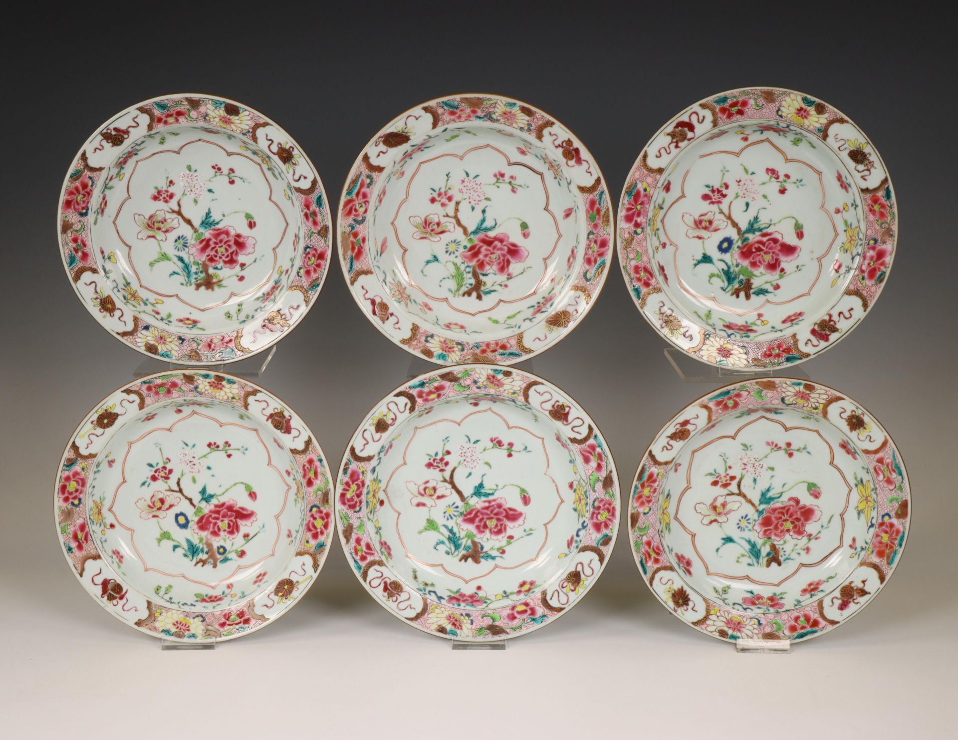 China, set of six famille rose porcelain deep plates, Qianlong period (1736-1795),