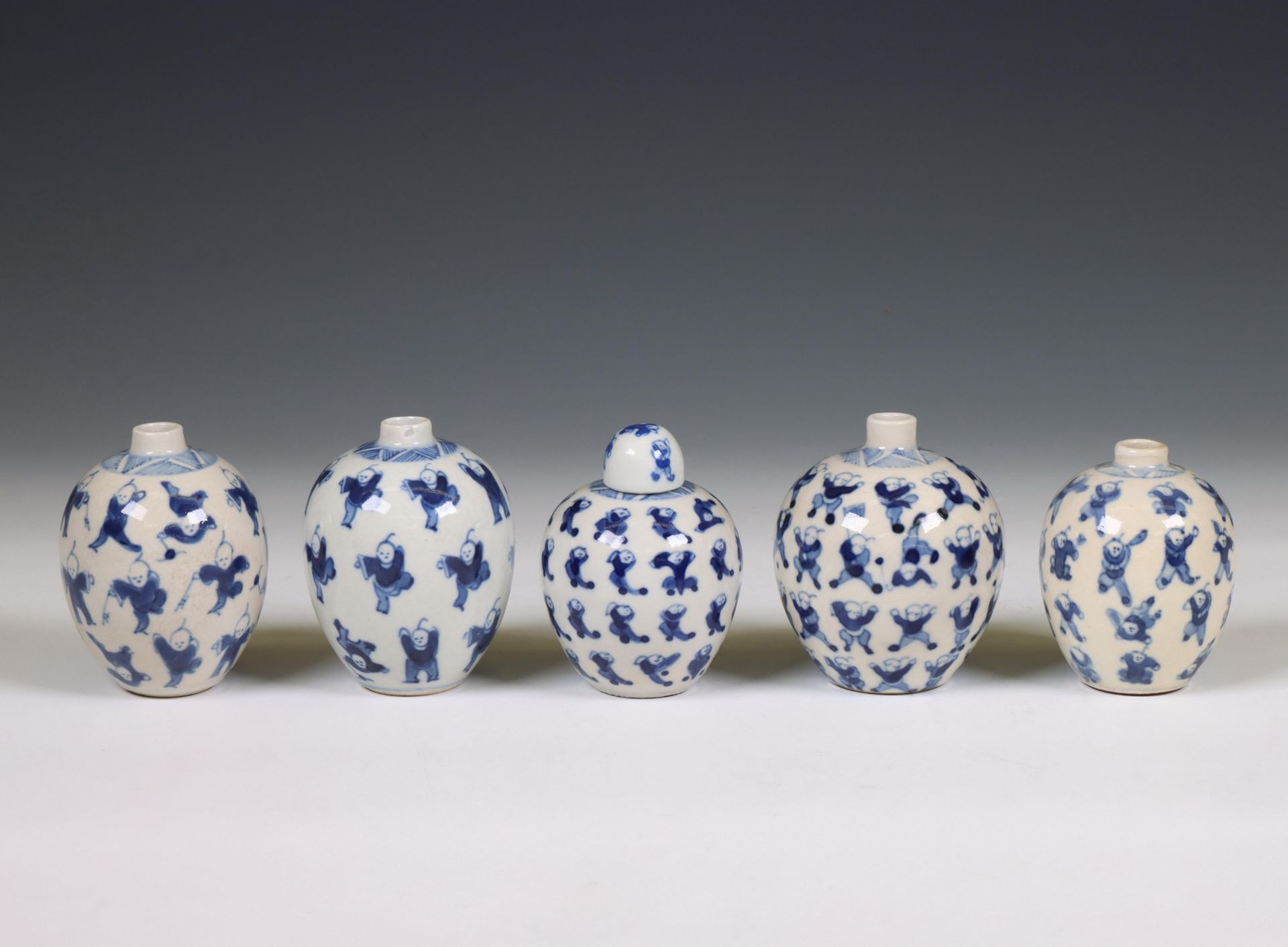 China, five soft paste blue and white 'one hundred boys' jarlets, 19th century, - Image 5 of 5