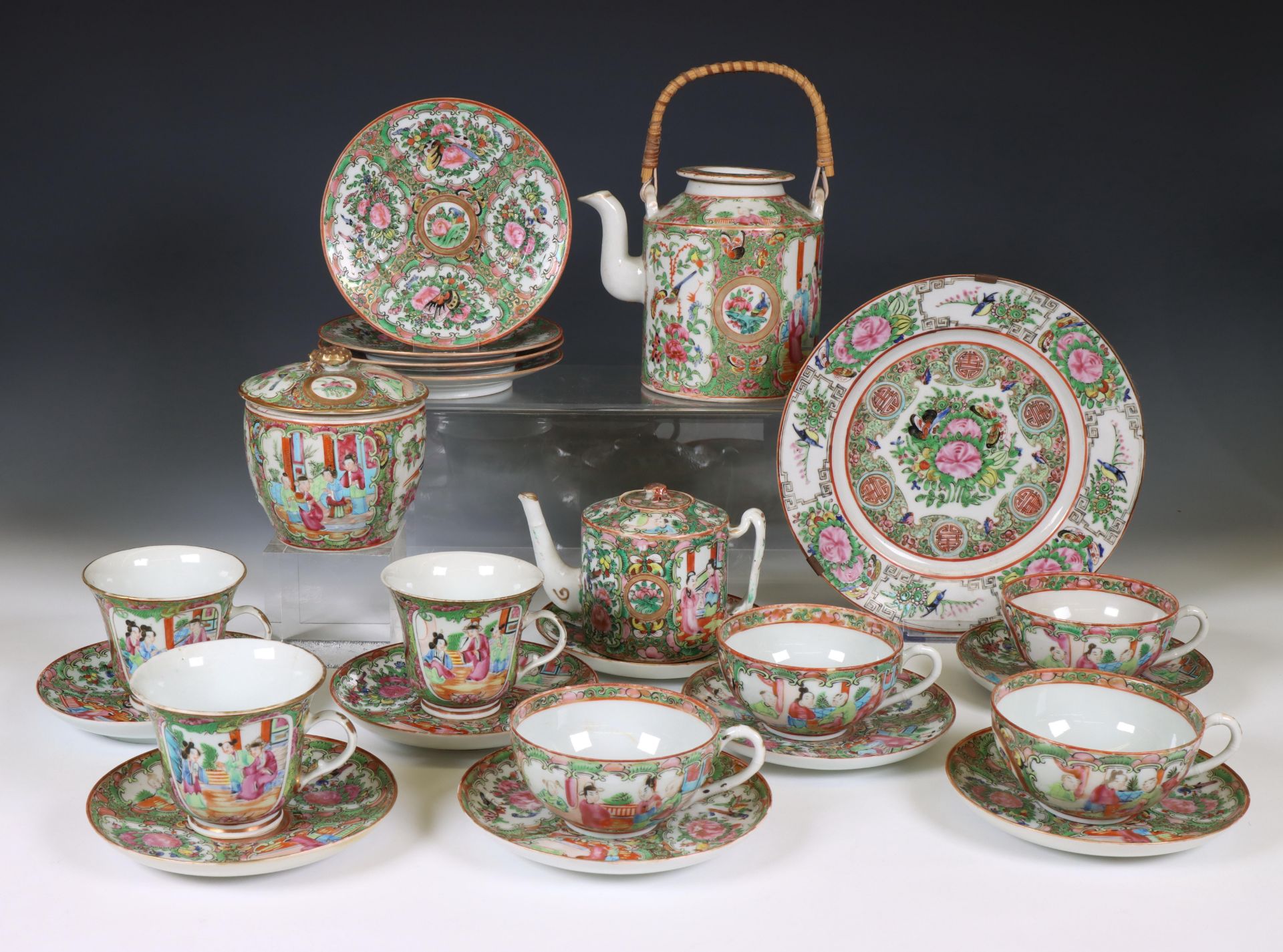 China, a Canton famille rose porcelain part coffee- and tea-service, ca. 1900,