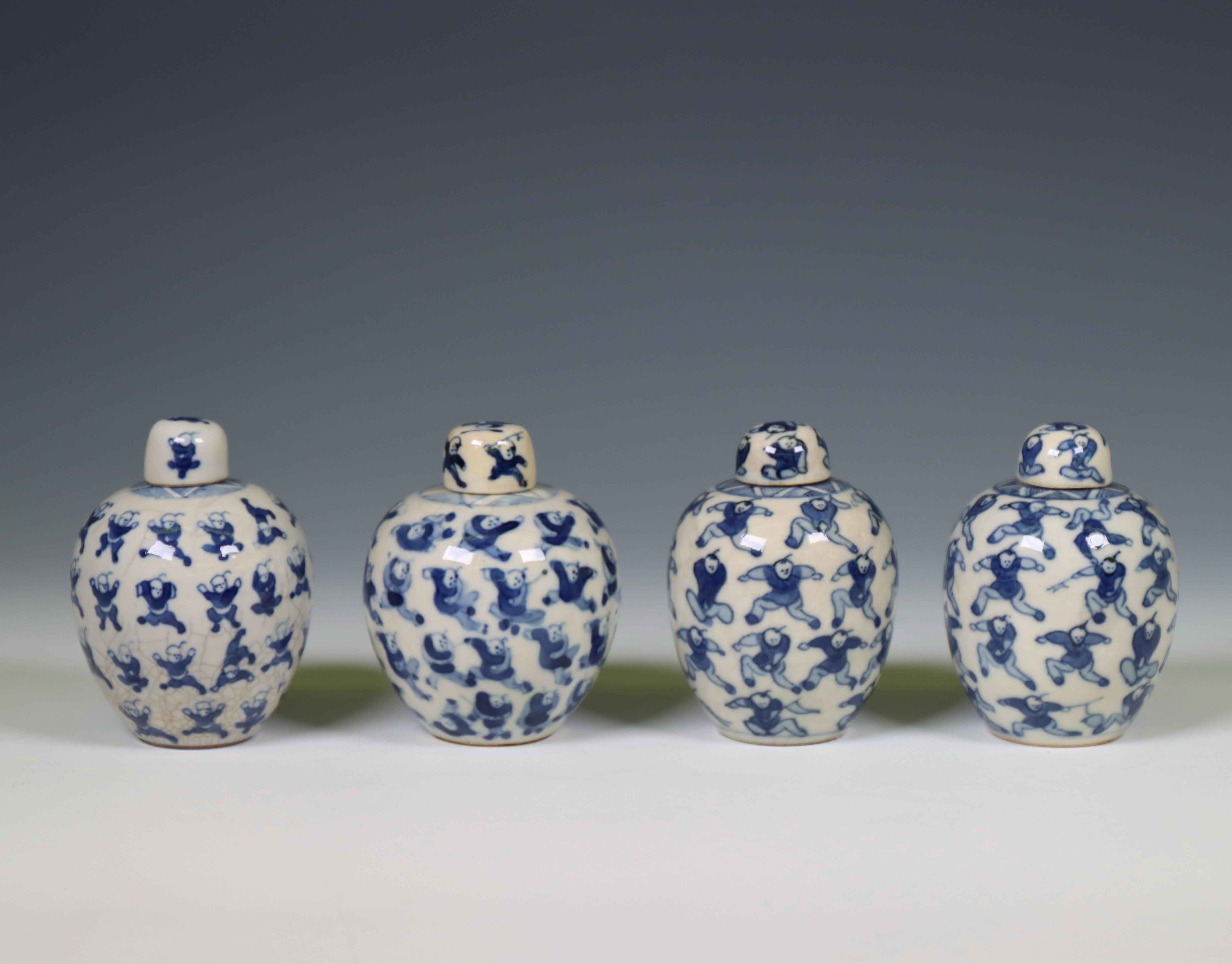China, four soft paste blue and white 'one hundred boys' jarlets and covers, 19th century, - Image 11 of 11