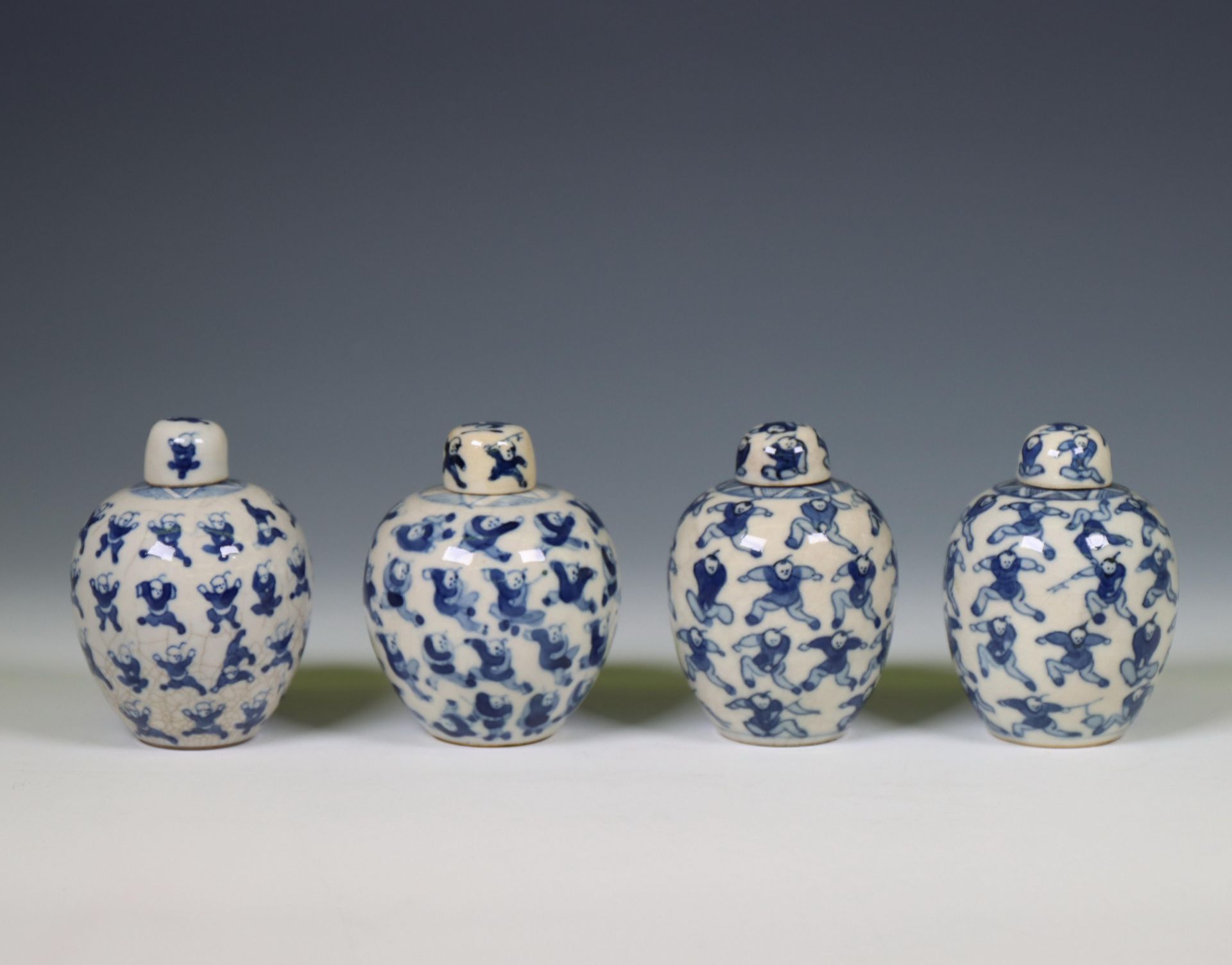 China, four soft paste blue and white 'one hundred boys' jarlets and covers, 19th century, - Bild 11 aus 11