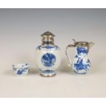 China, three blue and white porcelain objects, Kangxi period (1662-1722), the silver later,