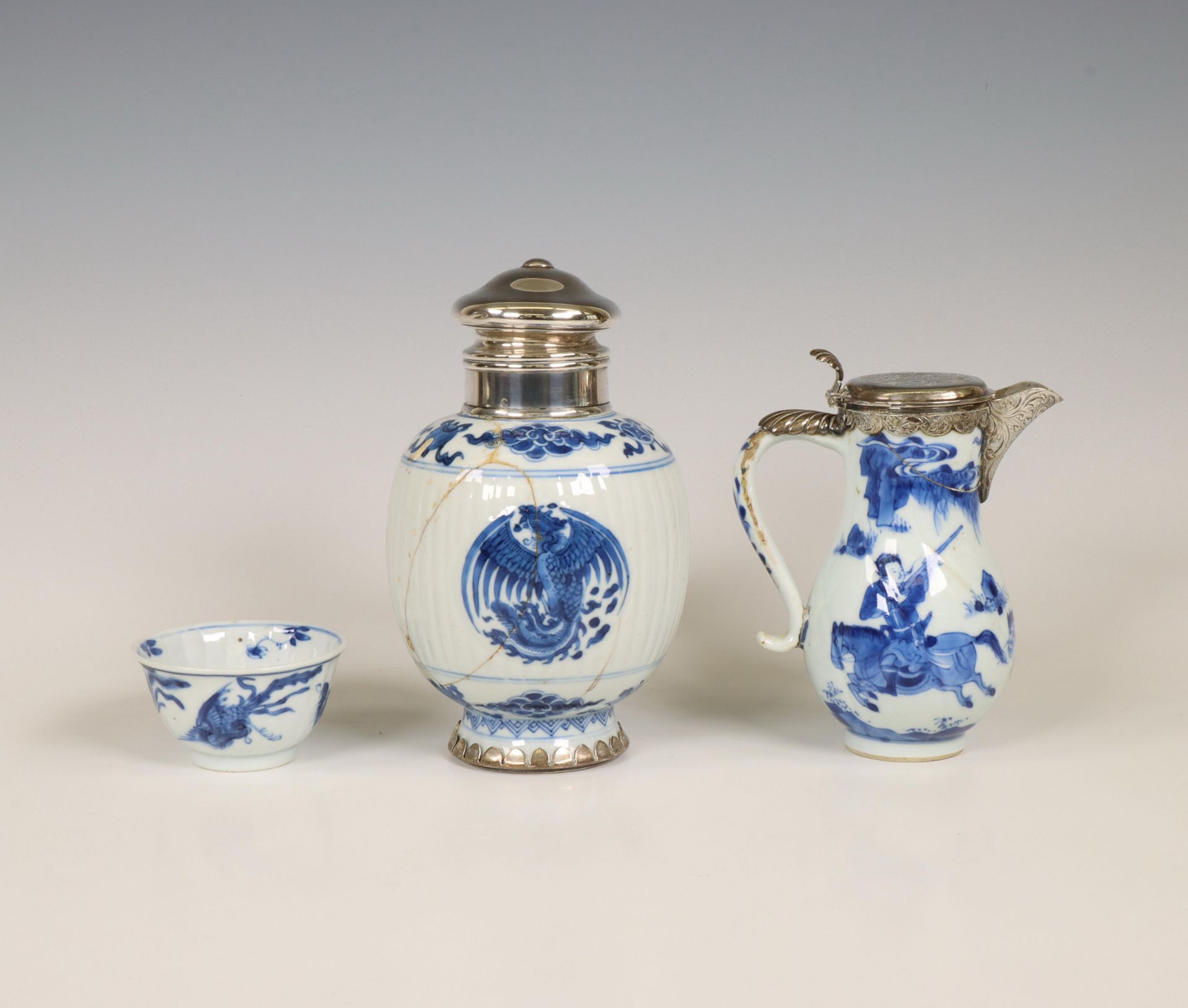 China, three blue and white porcelain objects, Kangxi period (1662-1722), the silver later,