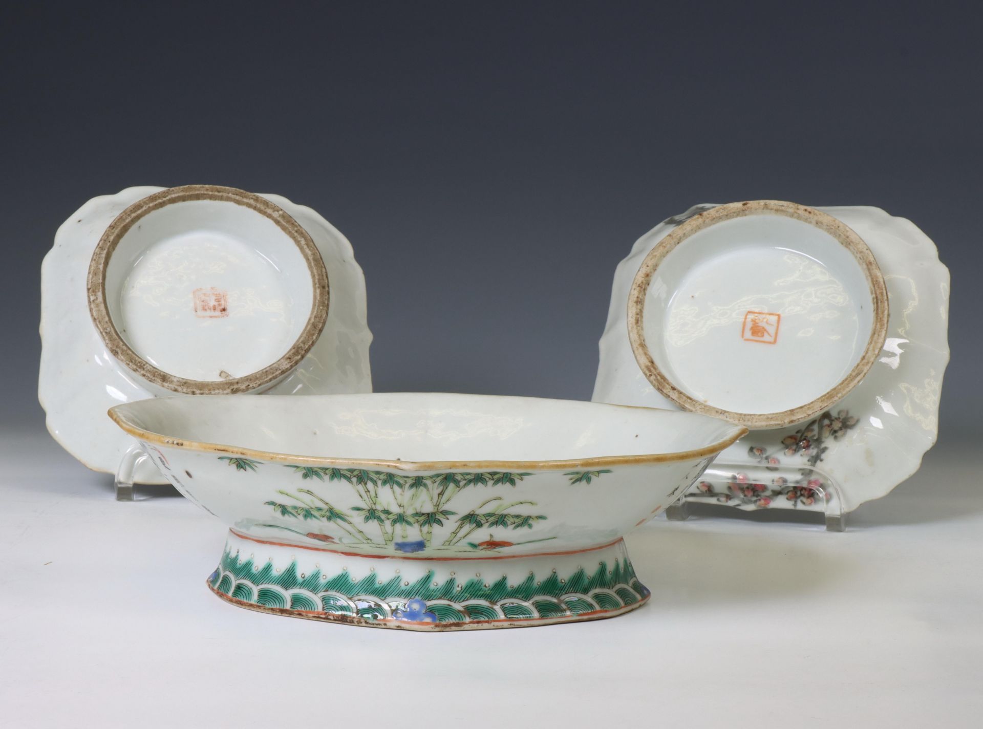 China, three famille rose porcelain tazza's, 20th century,