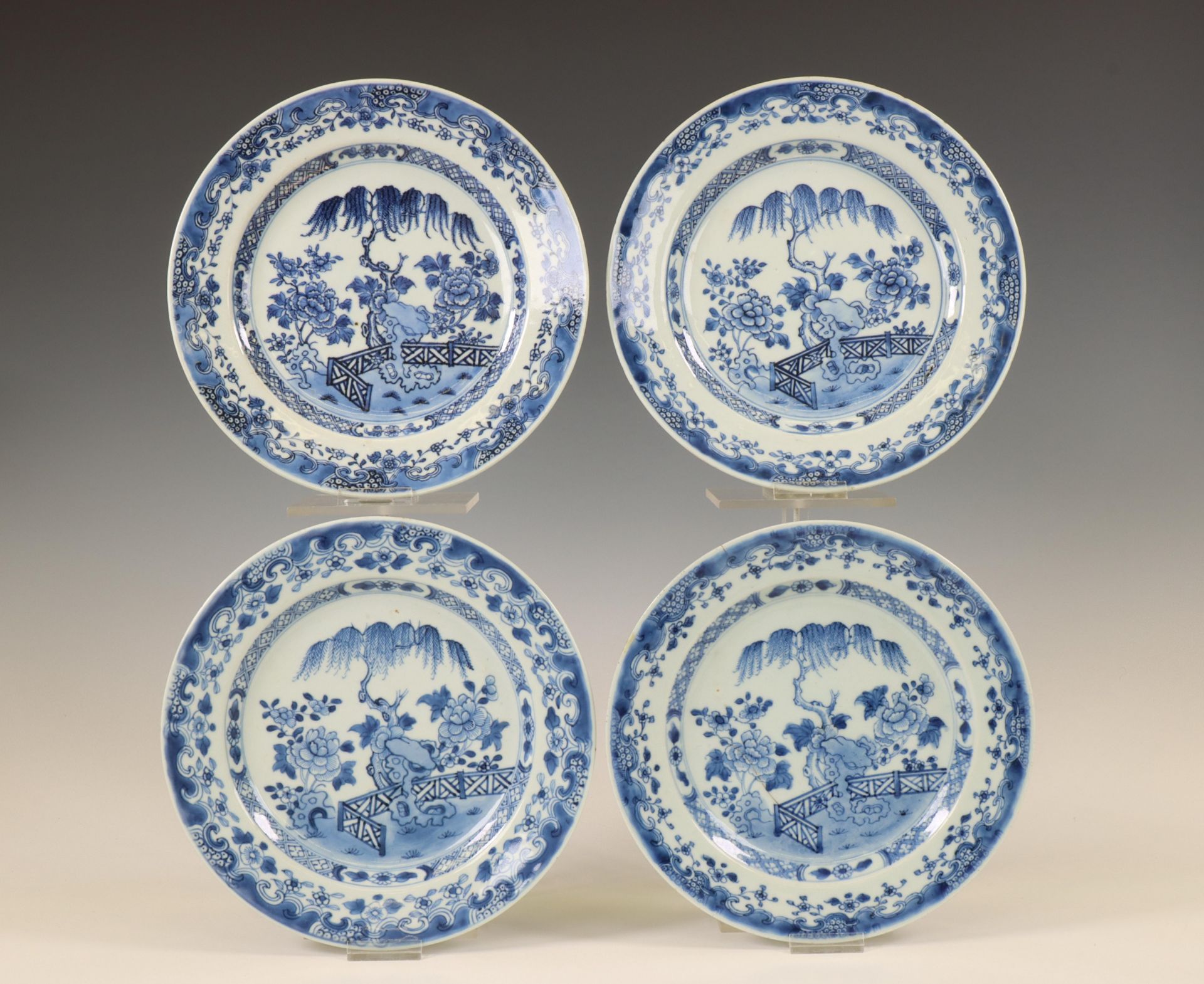 China, a set of four blue and white porcelain plates, Qianlong period (1736-1795),