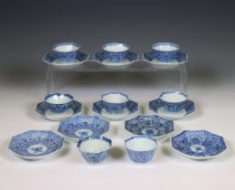 China, a set of blue and white porcelain octagonal 'lotus' cups and two sets of saucers, 18th centur