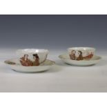China, a pair of export porcelain 'Liberty and Matrimony' cups and saucers, Yongzheng period (1723-1
