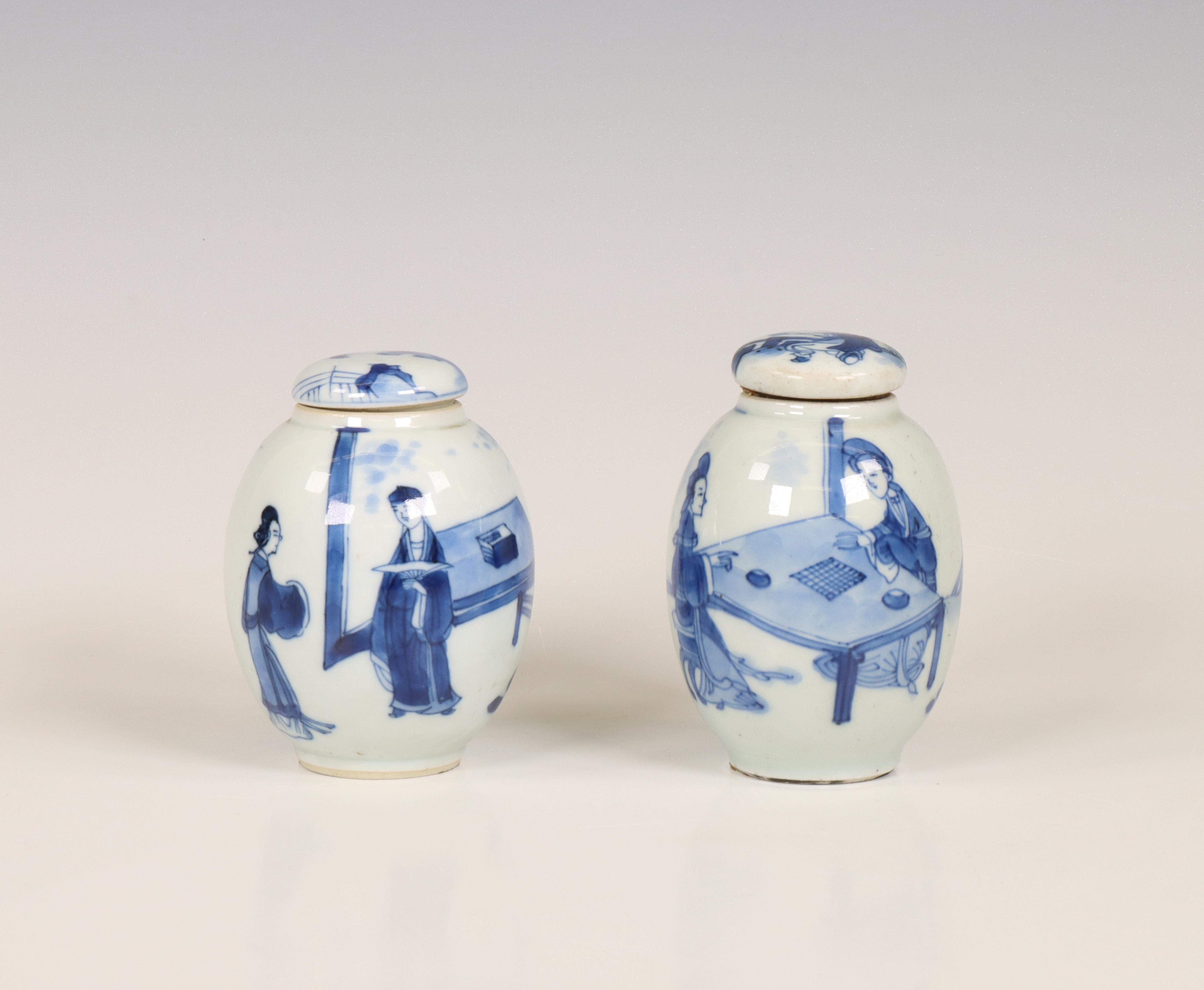 China, two blue and white porcelain tea-caddies and covers, Kangxi period (1662-1722),