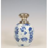 China, a silver-mounted blue and white porcelain tea-caddy, Kangxi (1662-1722), the silver later,