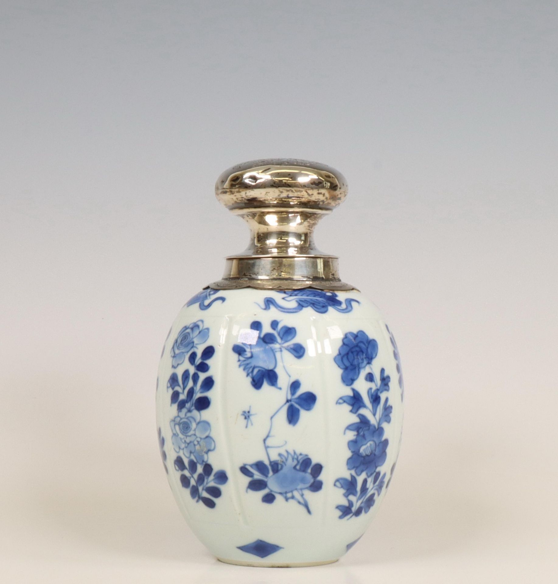 China, a silver-mounted blue and white porcelain tea-caddy, Kangxi (1662-1722), the silver later,