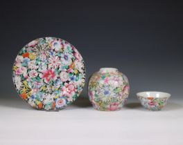 China, a small collection of famille rose 'millefleurs' porcelain, late 19th century,