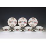 China, a collection of famille rose porcelain 'Wu Shuang Pu' cups and saucers, 19th century,