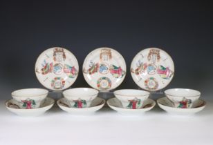 China, a collection of famille rose porcelain 'Wu Shuang Pu' cups and saucers, 19th century,