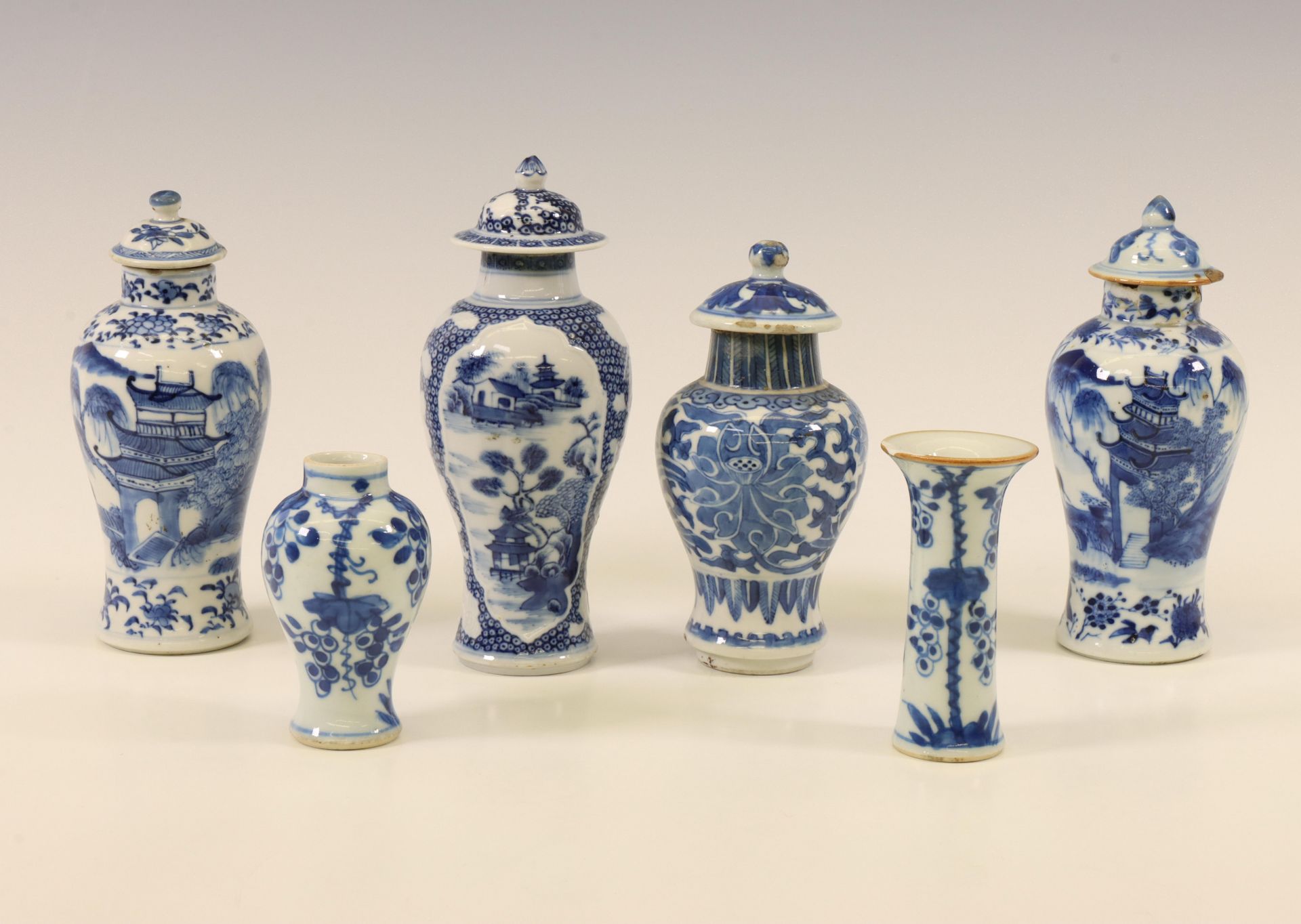 China, six various blue and white porcelain miniature vases, 18th-19th century,