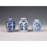 China, three various blue and white porcelain jarlets, Kangxi period (1662-1722),