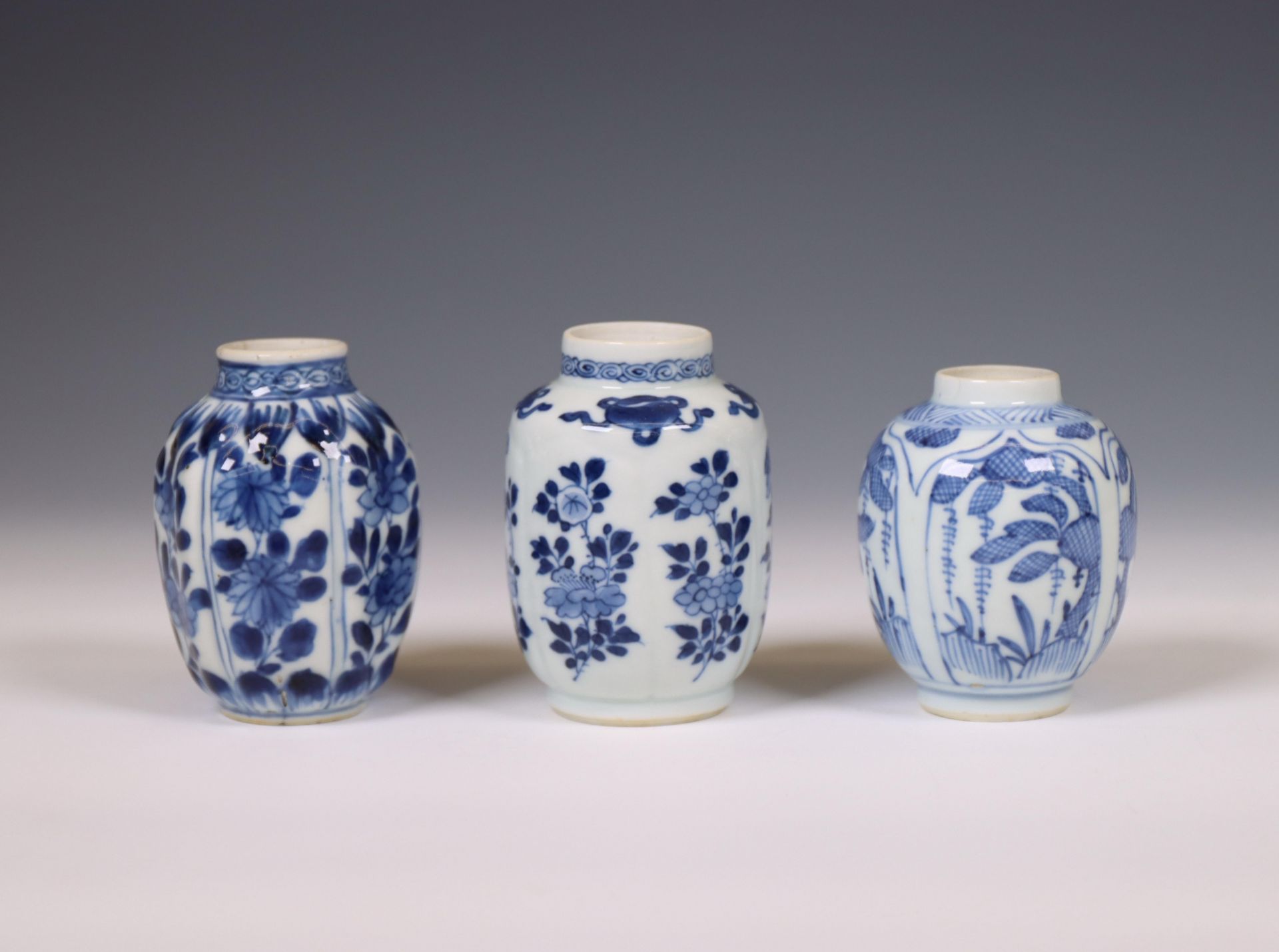 China, three various blue and white porcelain jarlets, Kangxi period (1662-1722),