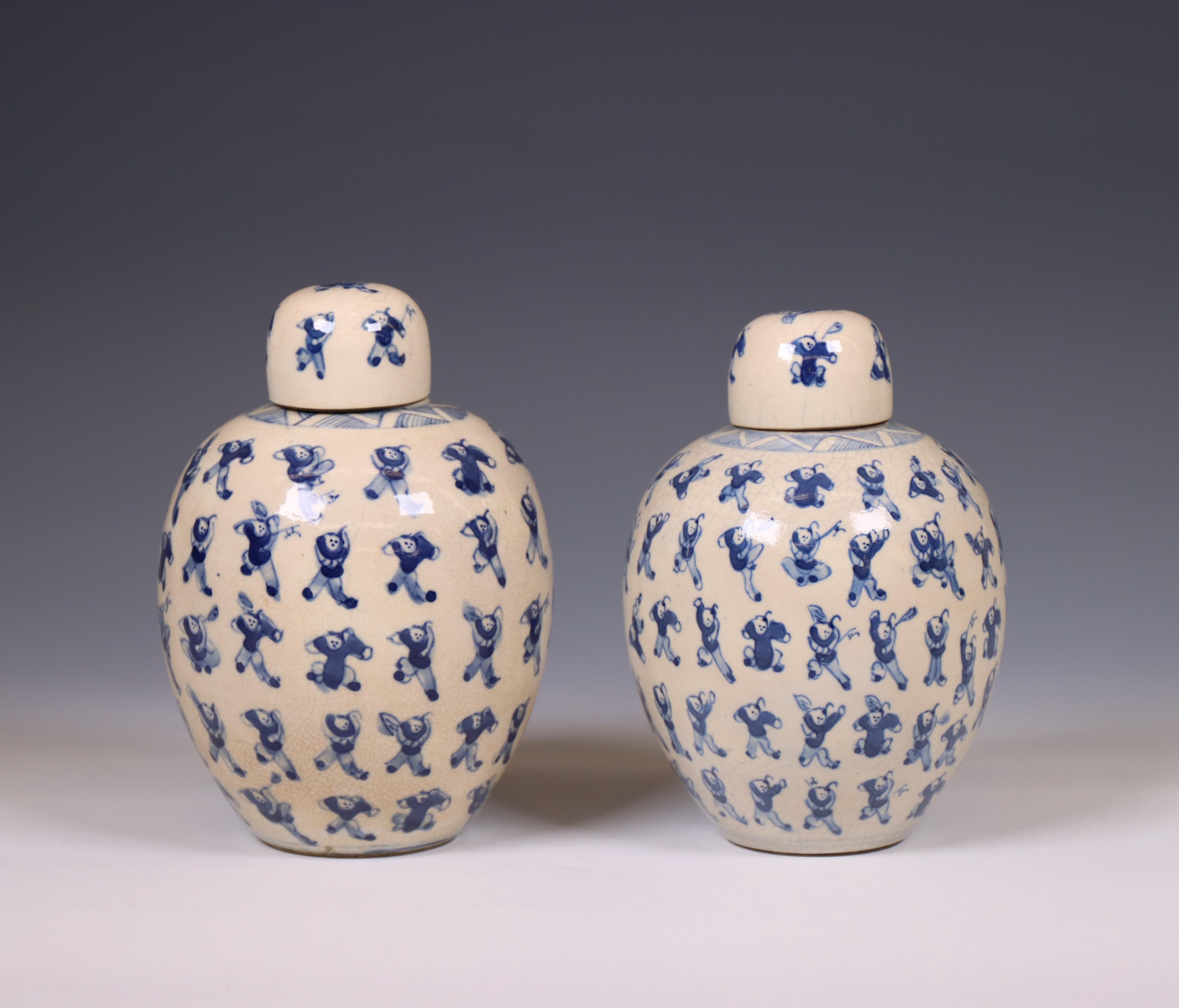 China, a pair of soft paste blue and white 'one hundred boys' jars and covers, 19th century, - Image 6 of 6