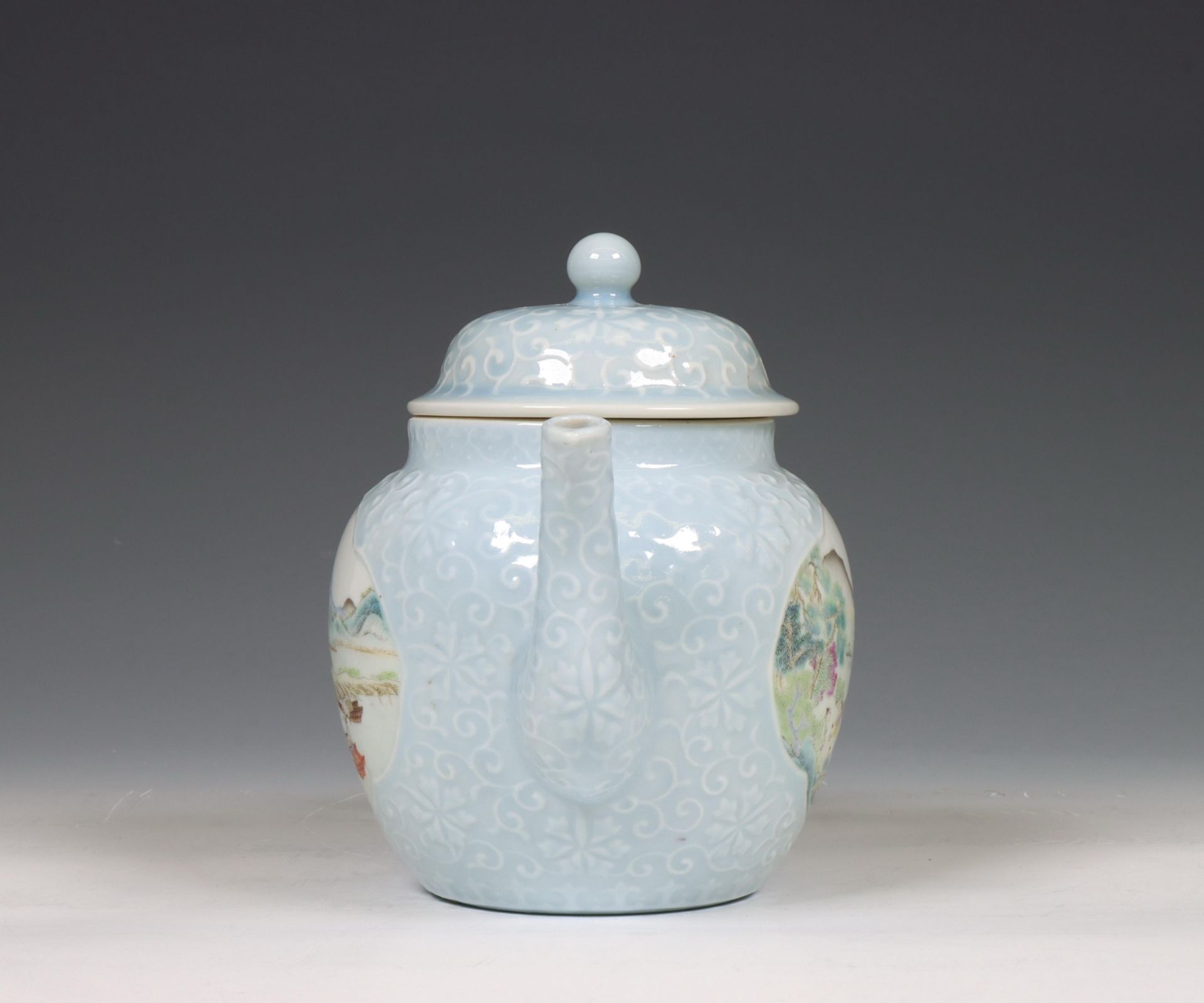 China, a claire-de-lune-ground famille rose porcelain moulded teapot and cover, 19th century, - Image 6 of 6