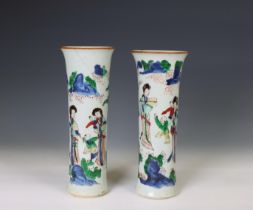 China, pair of wucai porcelain cylindrical vases, probably 17th century,