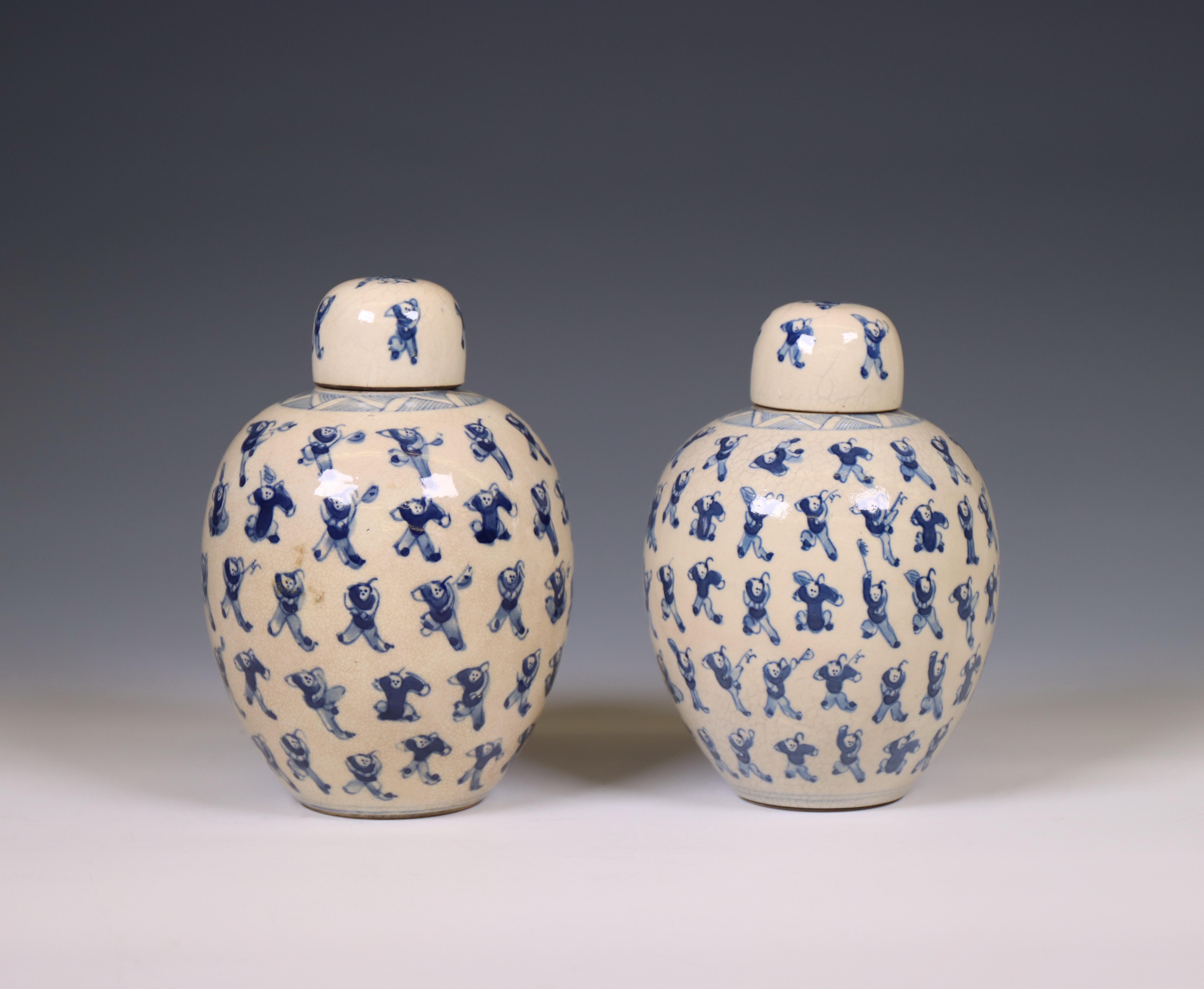 China, a pair of soft paste blue and white 'one hundred boys' jars and covers, 19th century, - Image 3 of 6