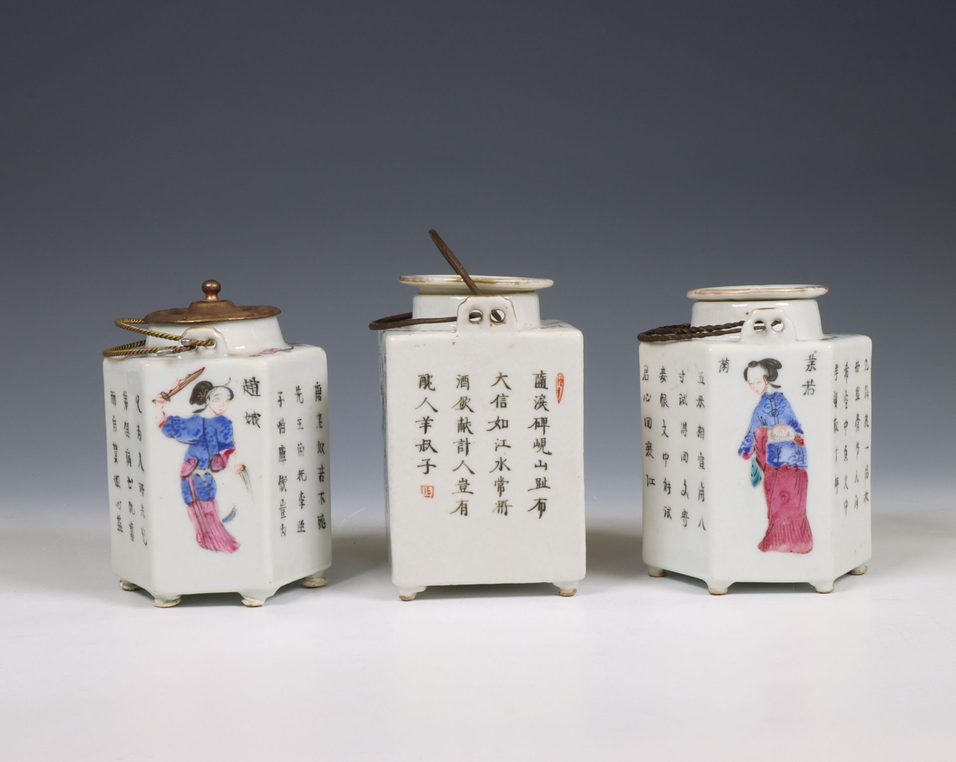 China, three famille rose porcelain 'Wu Shuang Pu' canted teapots and covers, 19th century, - Image 7 of 7