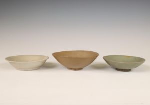 China, three various celadon-glazed bowls, Song dynasty (960-1279) and later,