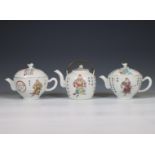 China, three famille rose porcelain 'Wu Shuang Pu' teapots and covers, 19th century,