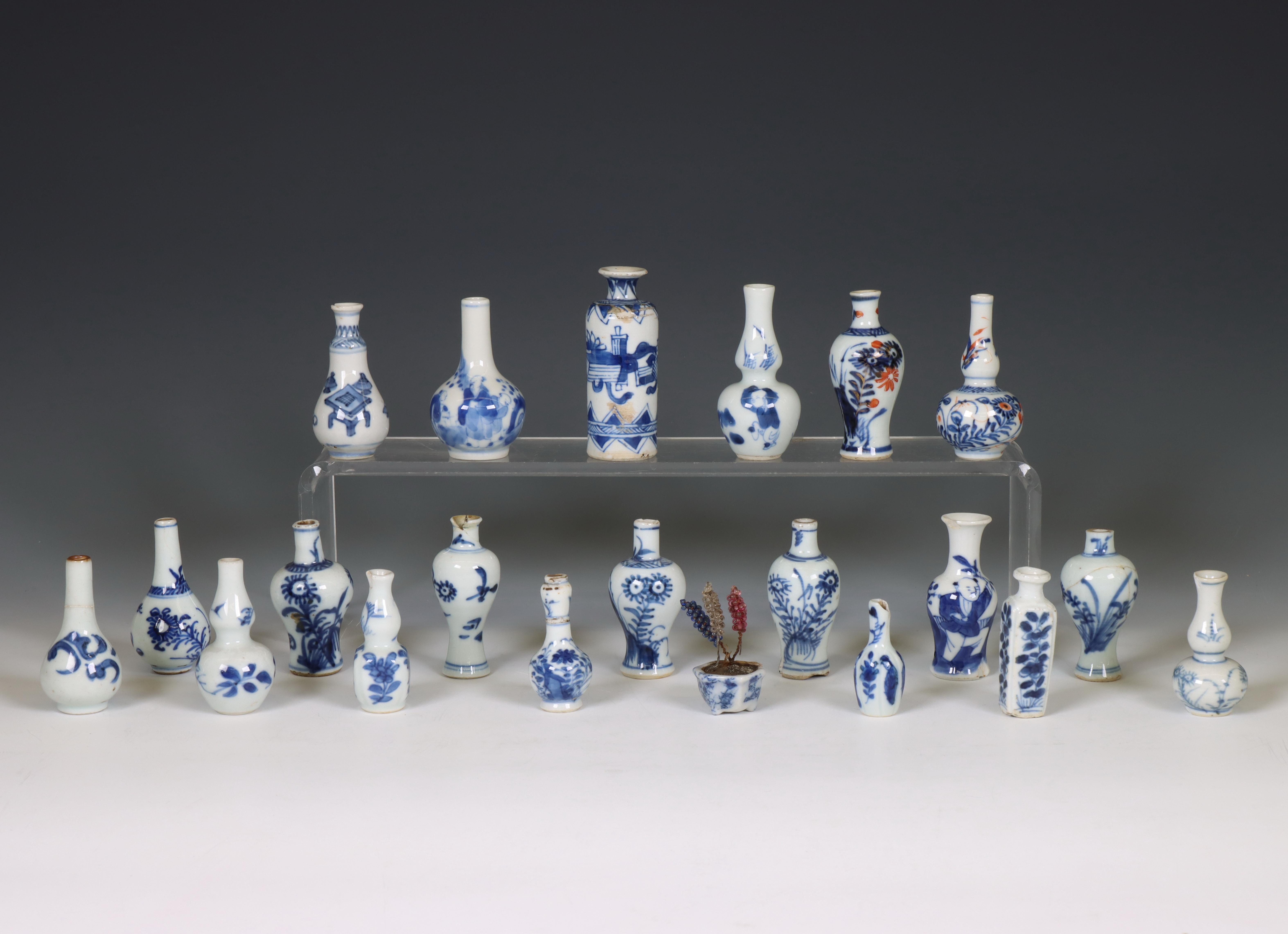 China, a collection of blue and white miniature vases, 18th century and later,