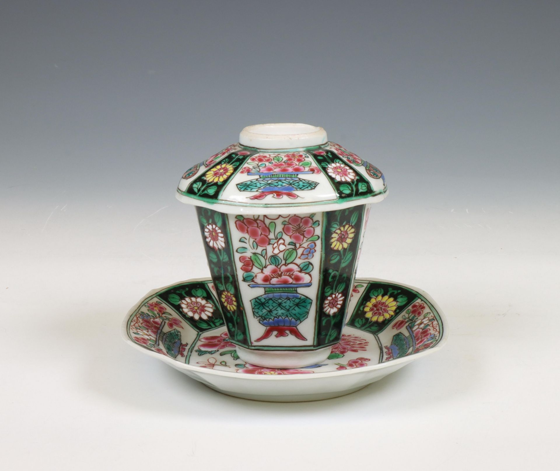 China, famille rose porcelain cup, saucer and cover, Qianlong period (1736-1795),