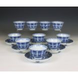 China, a set of ten blue and white porcelain cups and six saucers, 19th century,
